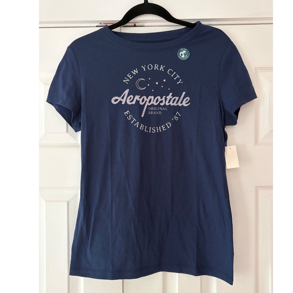 Aeropostale Womens Navy Blue Graphic T-Shirt NYC Glitter Logo Crew Neck Size L